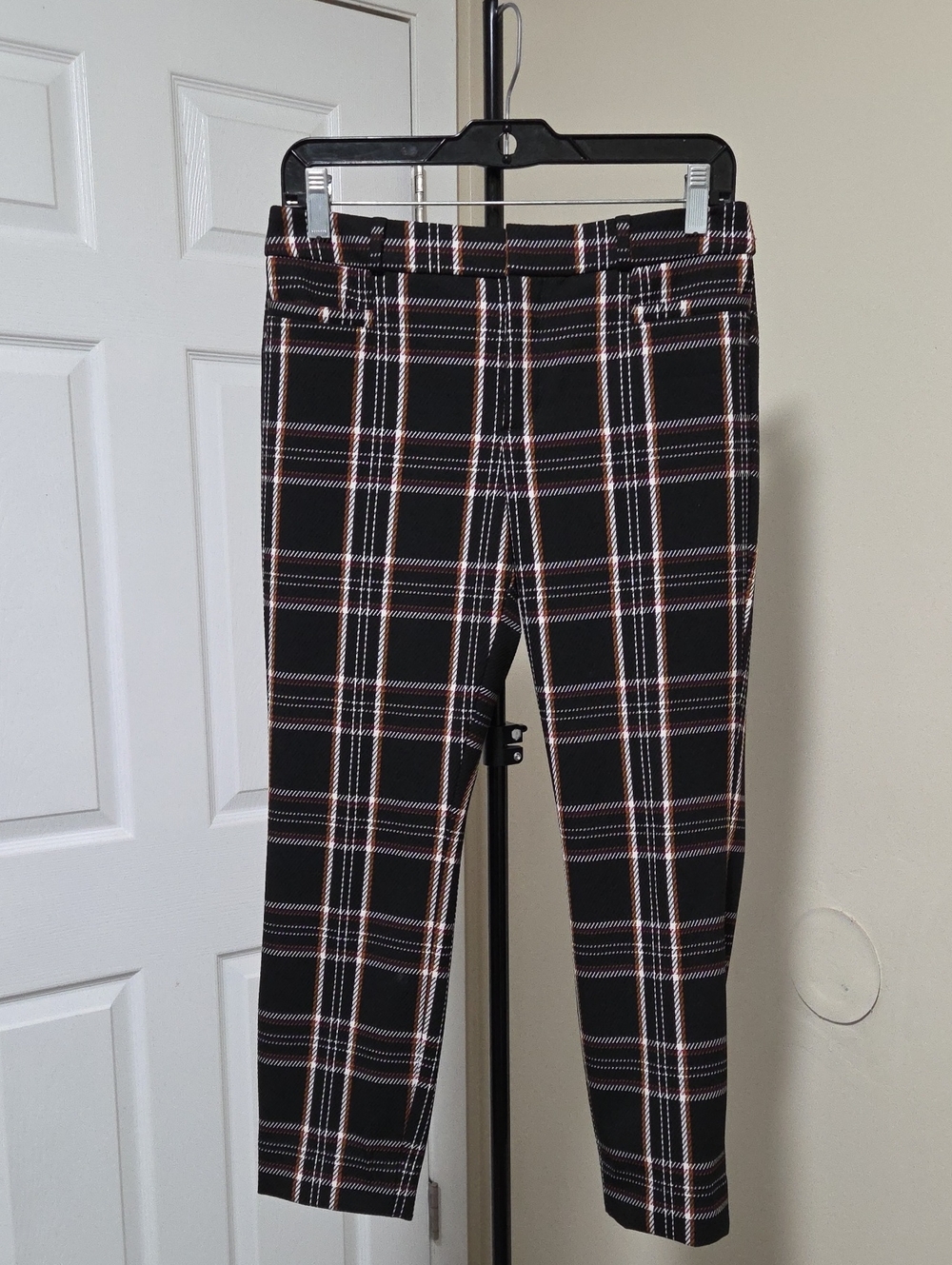 Banana Republic Sloan Black Plaid Pants with White and Pink Trim